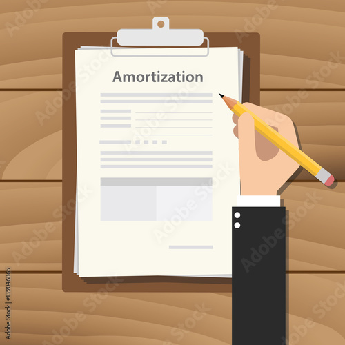 amortization illustration concept with hand business man signing a paperwork document on top of the table