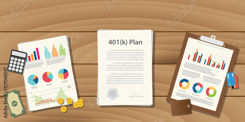 401(k) plan illustration concept with paperwork with graph and chart and money calculator on top of the table