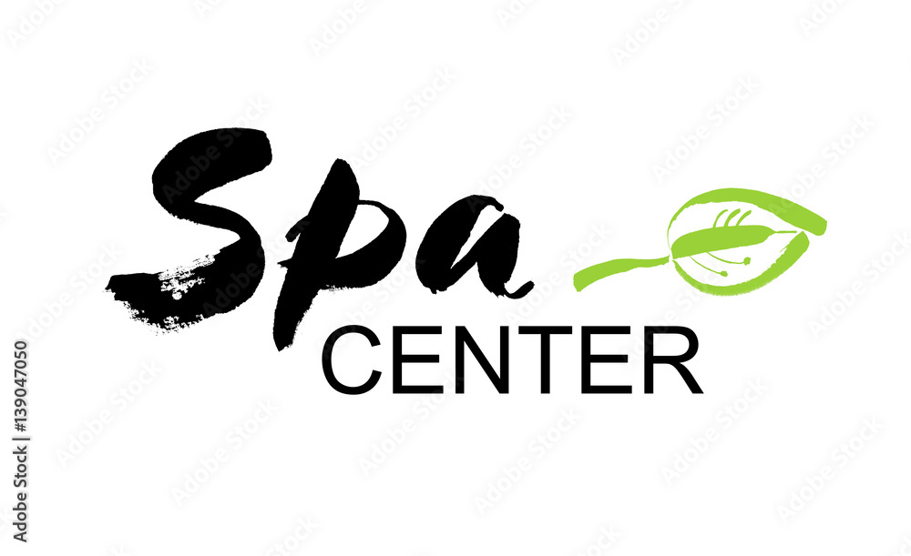 Spa center. Ink hand drawn lettering with a green leaf. Modern brush vector calligraphy
