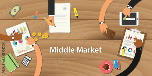 middle market illustration with team working on wooden table view from top with money gold coin paper work graph chart