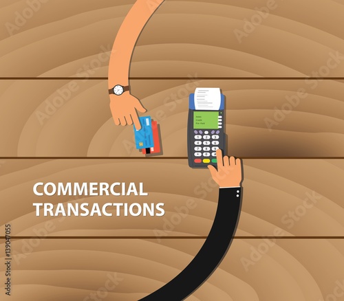 commercial transactions illustration with two business man hand using payment machine and credit card