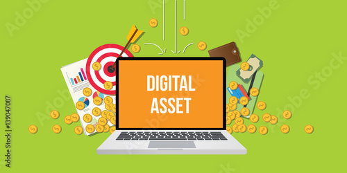 digital asset concept illustration with laptop text on screen gold coin money falling down with goals graph chart paperwork as background