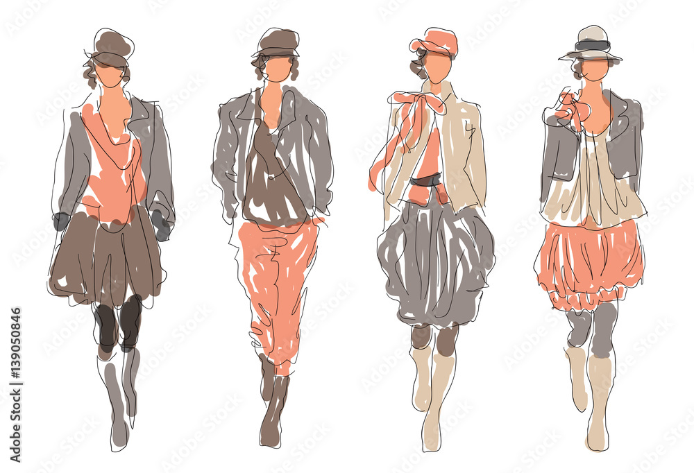 Fototapeta premium Sketch Retro Fashion Women Models