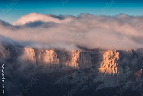 Crimea mountain valley with clouds on a hill