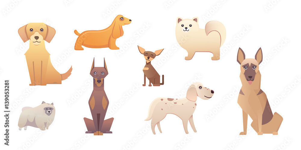 Fototapeta premium Different type of cartoon dogs. happy dog set vector illustration.