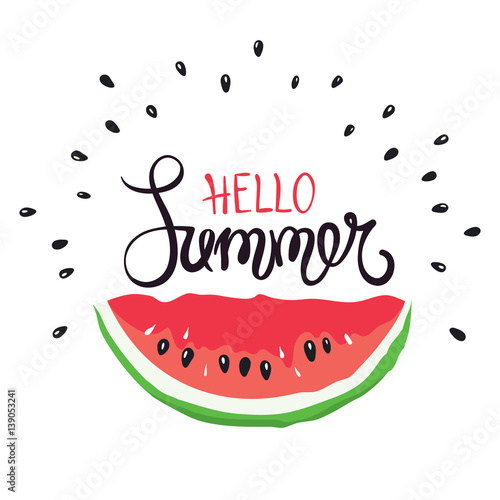 Funny summer hand drawing calligraphy   Vector background with slices of watermelon