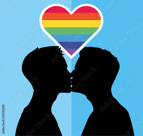 Gay couple on a blue background with a rainbow heart