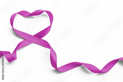 Purple color ribbon love heart shape bow isolated (clipping path) on white background holiday valentines day gift design decoration element : Realistic beautiful satin texture detail textile ornament