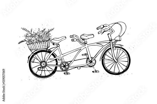 Hand drawn tandem city bicycle with basket of flower. Vintage, retro style. Sketch vector illustration.