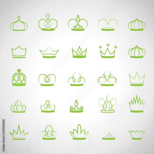 Crown Icons Set-Isolated On Gray.Trendy Flat Style.Collection For Web Site,App And UI.Awards For Winners,Champions,Leadership.Elements For Label,Game, Hotel.Royal King, Queen,Princess Crown.Thin Line