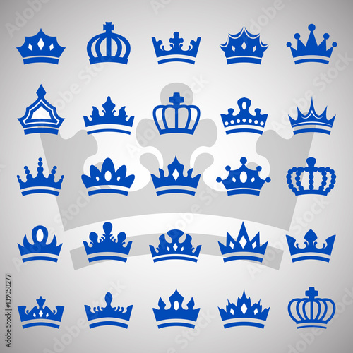 Crown Icons Set-Isolated On Gray.Trendy Flat Style.Collection For Web Site,App And UI.Awards For Winners,Champions,Leadership.Elements For Label,Game, Hotel.Royal King, Queen,Princess Crown.Thin Line