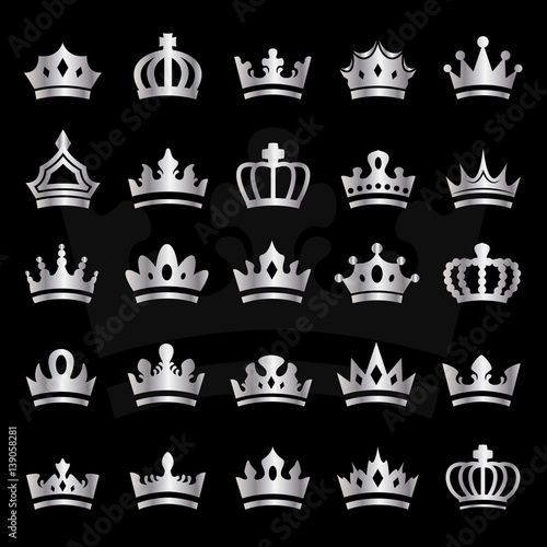 Crown Icons Set-Isolated On Black.Trendy Flat Style.Collection For Web Site,App And UI.Awards For Winners,Champions,Leadership.Elements For Label,Game, Hotel.Royal King, Queen,Princess Crown.Thin Line