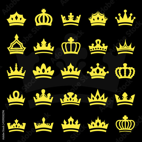 Crown Icons Set-Isolated On Black.Trendy Flat Style.Collection For Web Site,App And UI.Awards For Winners,Champions,Leadership.Elements For Label,Game, Hotel.Royal King, Queen,Princess Crown.Thin Line