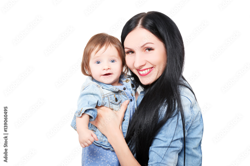 Portrait of a happy mother with her cute daughter at the hands Portrait of a happy mother with her cute daughter at the hands