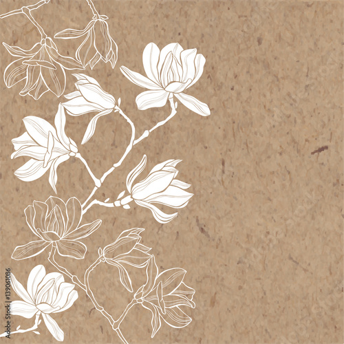 Floral vector background. Branches with flowers of magnolia on kraft paper. Invitation or greeting card.