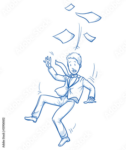 Business man compressed in a fast rocket. Concept for pressure to perform, stress, too much work. Hand drawn line art cartoon vector illustration.