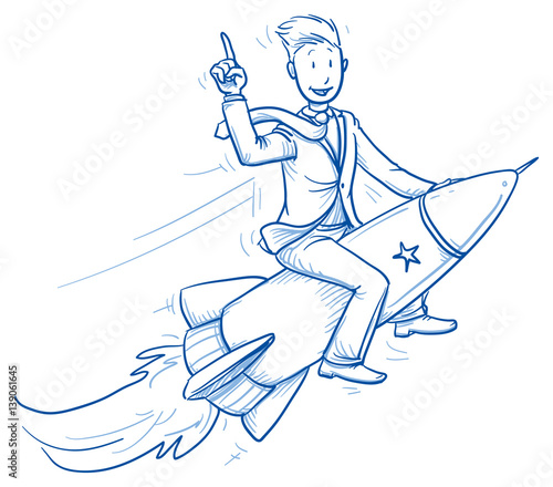 Happy business man riding on a fast rocket. Concept for winner, pioneer, innovation. Hand drawn line art cartoon vector illustration. 