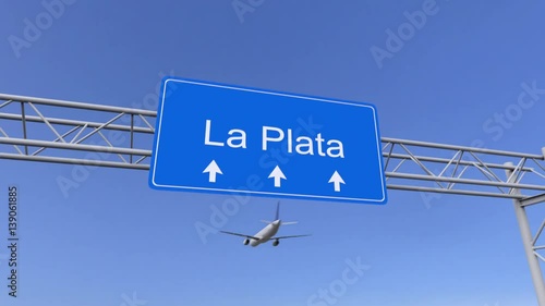 Commercial airplane arriving to La Plata airport. Travelling to Argentina conceptual 4K animation photo