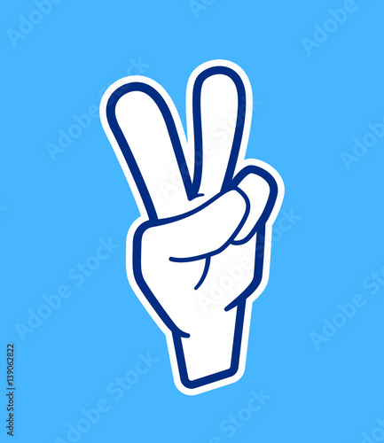 Vector sticker with victory or peace hand sign in outline cartoon style. Number two gesture with arm for trendy applique template