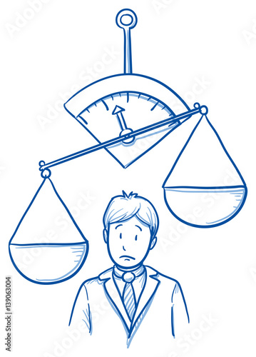 Unhappy business man, with uneven scales. Concept for imbalance. Hand drawn line art cartoon vector illustration.