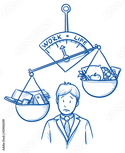 Unhappy business man, with uneven scales. Concept for imbalance in work and life. Hand drawn line art cartoon vector illustration. 