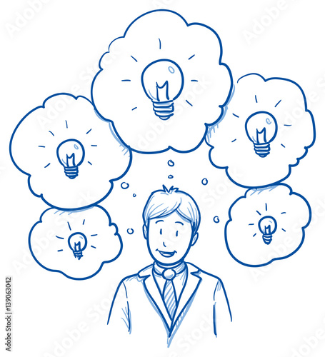 Happy business man, with lots of ideas ind thought bubbles, concept for ideas, innovation, creativity. Hand drawn line art cartoon vector illustration. 