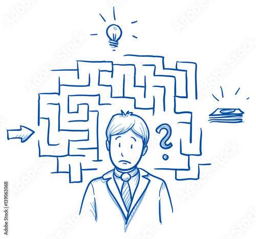 Confused business man, with maze and icons. Concept for confusion, irritation, clueless, lost. Hand drawn line art cartoon vector illustration.