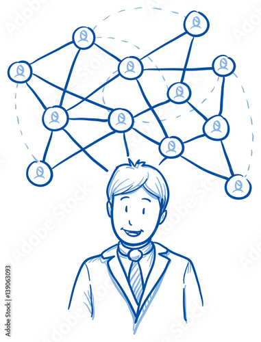 Happy business man, with network lines and icons, concept for social network team. Hand drawn line art cartoon vector illustration.