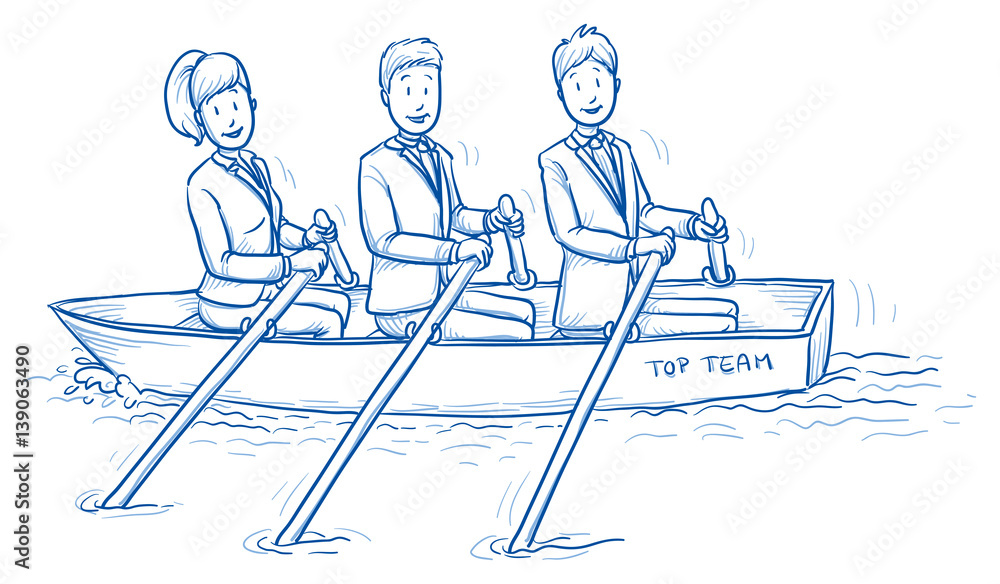 Happy business team, men and women, rowing a boat together, concept of