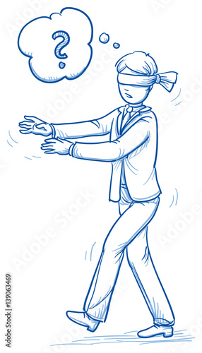 Confused blind business man, walking with blindfold. Concept for irritation, clueless, lost. Hand drawn line art cartoon vector illustration. 
