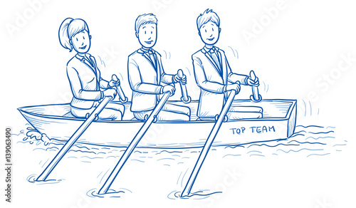 Happy business team, men and women, rowing a boat together, concept of good teamwork. Hand drawn line art cartoon vector illustration.