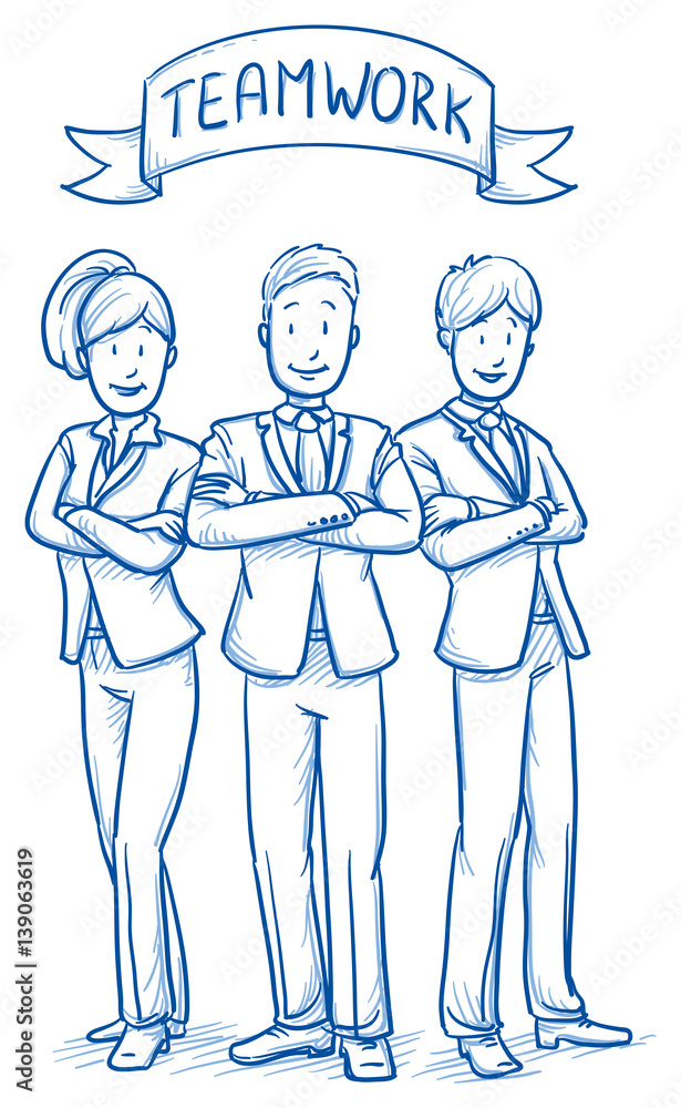 Happy business team, men and women, looking confident, concept of good teamwork. Hand drawn line art cartoon vector illustration. Happy business team, men and women, looking confident, concept of good teamwork. Hand drawn line art cartoon vector illustration.