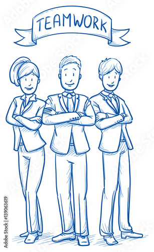 Happy business team, men and women, looking confident, concept of good teamwork. Hand drawn line art cartoon vector illustration.