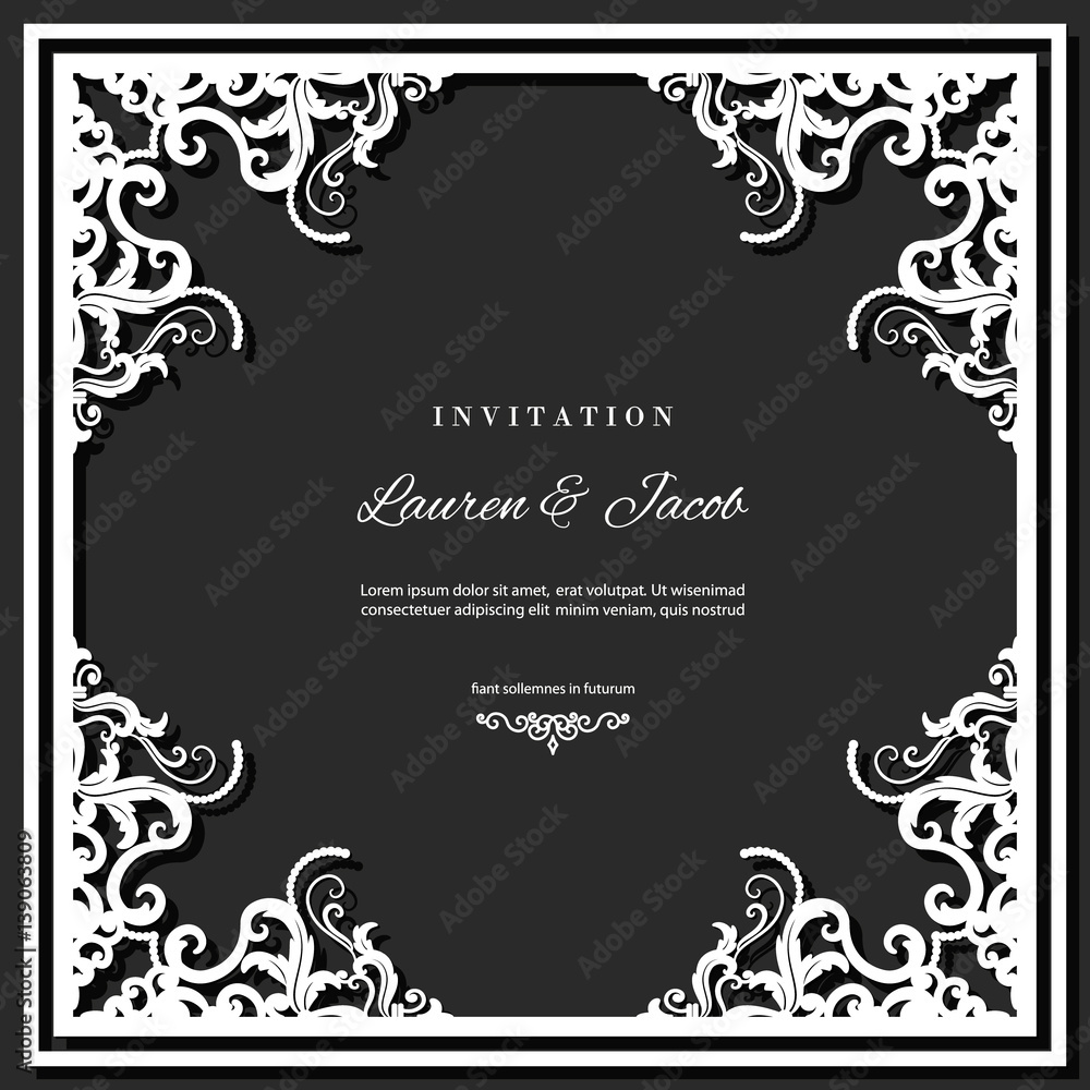 Wedding invitation card template with laser cutting frame. Square filigree cutout envelope design. Blsck and white colors.
