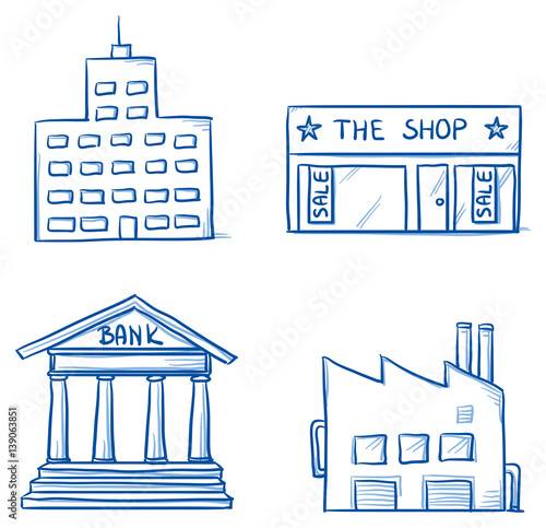Set of building icons, office, shop, factory, bank. Hand drawn cartoon vector illustration. photo