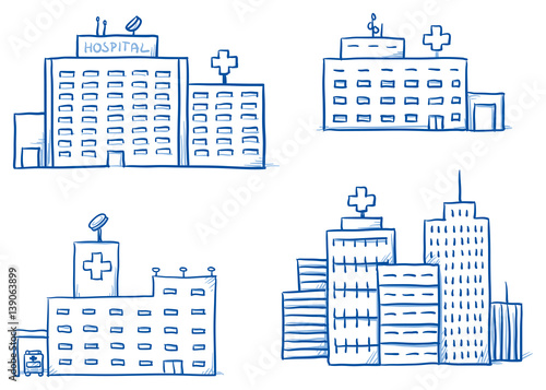 Set of different hospital buildings, medical center. Hand drawn cartoon vector illustration.