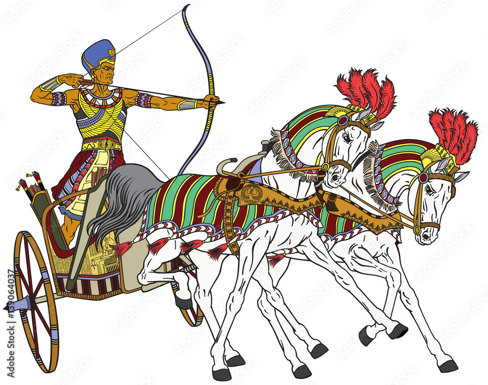 ancient Egypt two-wheeled chariot pulled by two horses carrying a warrior Pharaoh armed with bow ancient Egypt two-wheeled chariot pulled by two horses carrying a warrior Pharaoh armed with bow