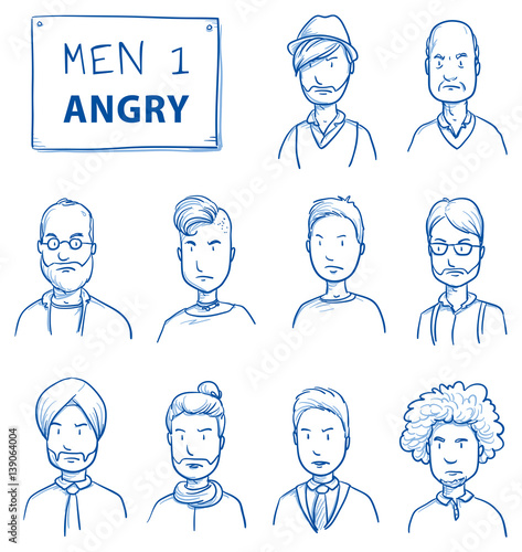 Collection of angry men. Set of various dissatisfied, enraged men in business and casual clothes, mixed age expressing unhappy, negative emotions. Hand drawn line art cartoon vector illustration.