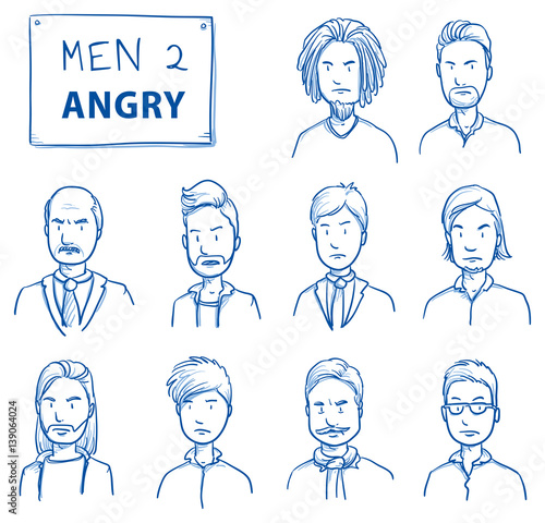 Collection of angry men. Set of various dissatisfied, enraged men in business and casual clothes, mixed age expressing unhappy, negative emotions. Hand drawn line art cartoon vector illustration.