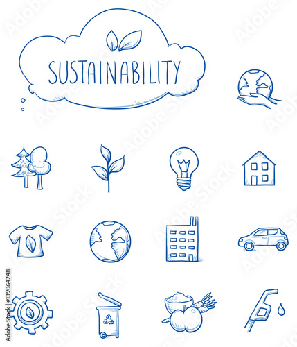 Icon set ecology, sustainability, with various objects, house, food, clothing, gear, car, lightbulb, plant, trees, gas, globe. Hand drawn line art cartoon vector illustration.