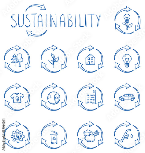 Icon set ecology, sustainability, with recycle arrows around various objects, house, food, clothing, gear, car, lightbulb, plant, trees, gas, globe. Hand drawn line art cartoon vector illustration.