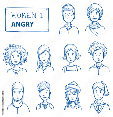 Collection of angry women. Set of various dissatisfied, enraged women in business and casual clothes, mixed age expressing unhappy, negative emotions. Hand drawn line art cartoon vector illustration.