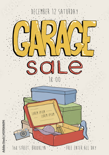 Garage sale poster, event invitation. Hand drawn colorful illustration with old goods. Camera, phone, box.