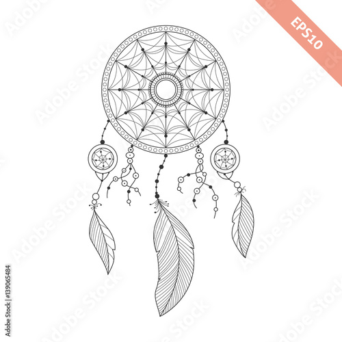 Black line dream catcher isolated on white background. Decorative element. Traced by hand from own sketch