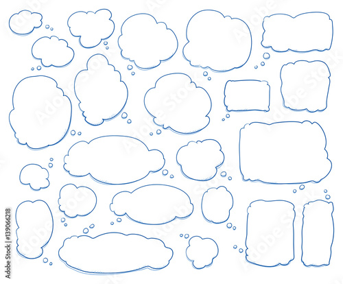 Set of different shapes and sizes of thought bubbles, round, oval, square. Hand drawn cartoon doodle vector illustration.
