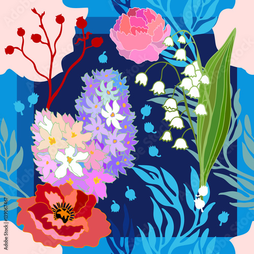 Spring colors. Silk scarf with blooming poppies and hyacinths.