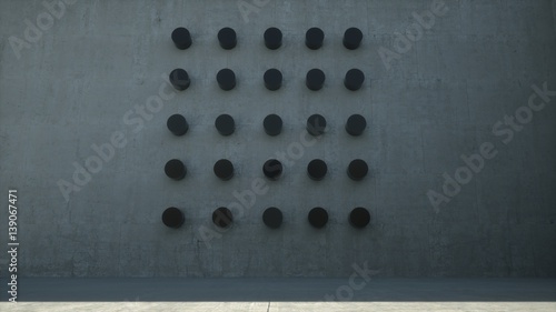 Concrete room with black cylinders on the wall, 3d render
