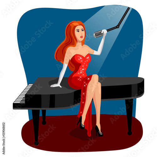 Jazz singer woman on grand piano cartoon vector