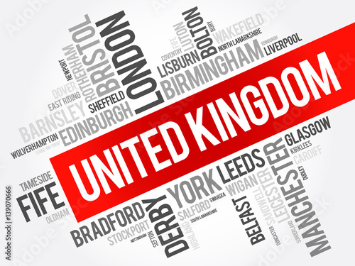 List of cities and towns in the United Kingdom, word cloud collage, travel concept background