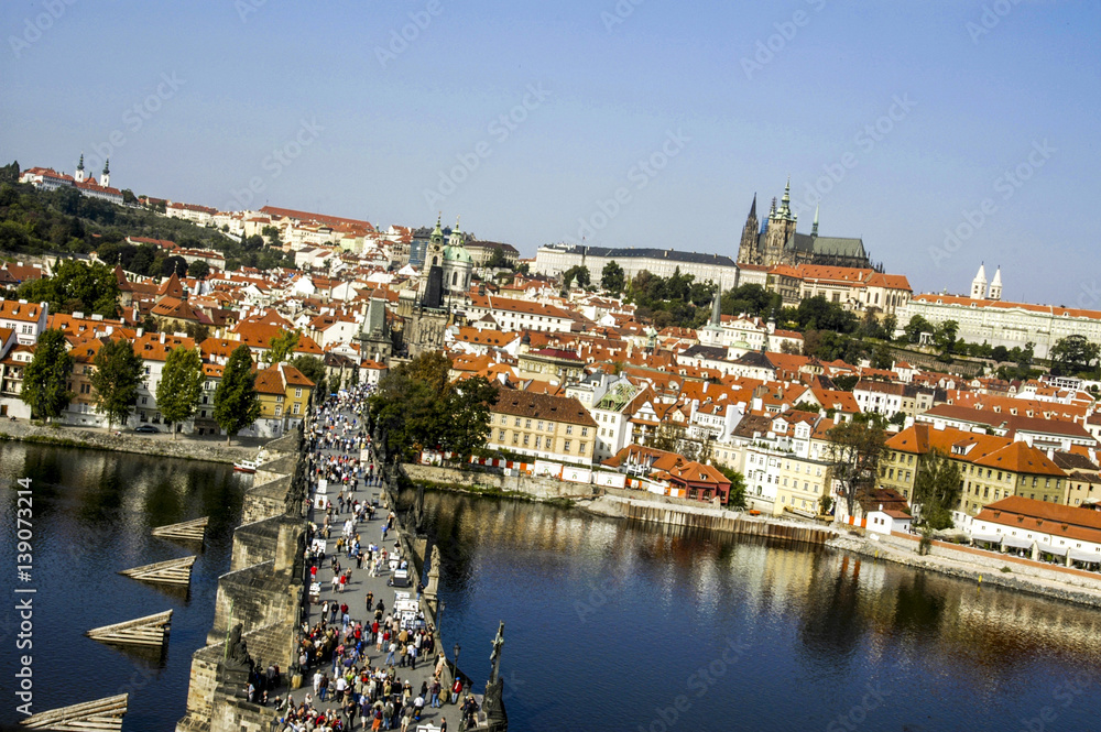 Prague, city panoram, Carls Bridge, river Moldova, hill Hradschi